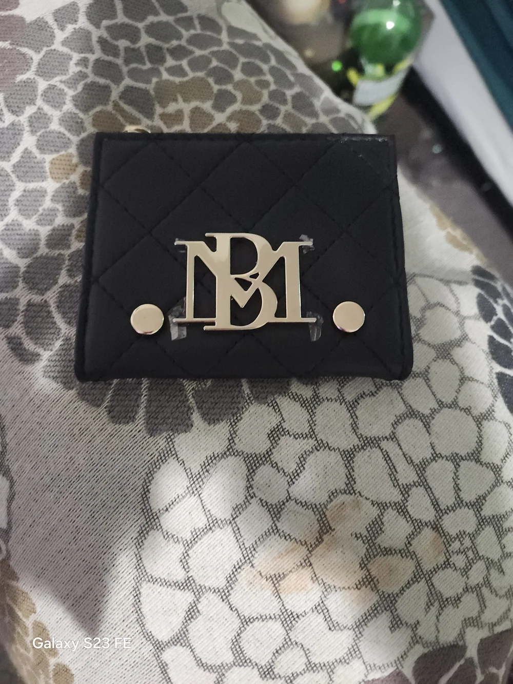 Badgley Mischka Black Quilted Mini Wallet with Gold Logo